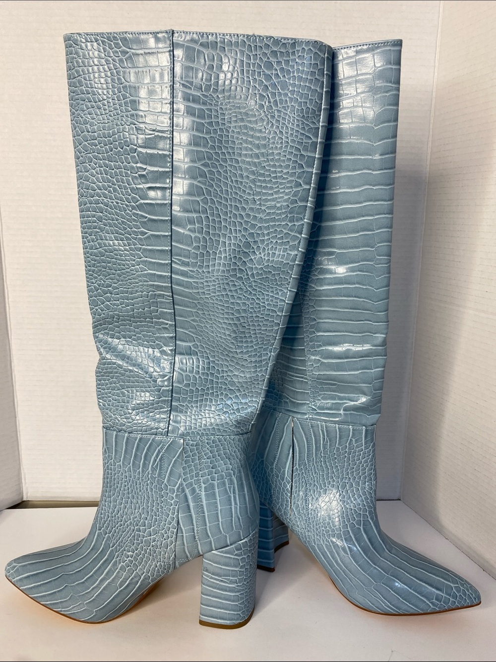 Lulu's Katari Light Blue Croc-Embossed Pointed-Toe Knee Boots - Picture 6 of 6